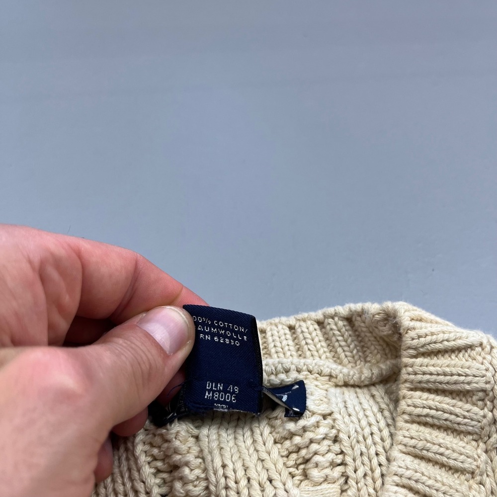 Vintage Lands End Chunky Cable Knit Sweater Mens M Cream Cotton Crewneck USA - Picture 4 of 12